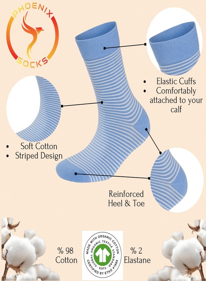Phoenix Socks جوارب فينيكس، 3 أزواج من الجوارب النسائية، قطن عضوي، جوارب كاجوال مخططة رفيعة ملونة، أنيقة ومرحة، جوارب ناعمة، تسمح بمرور الهواء، تمتص الرطوبة، ملائمة ومريحة ومعززة (أزرق فاتح) - Image 2